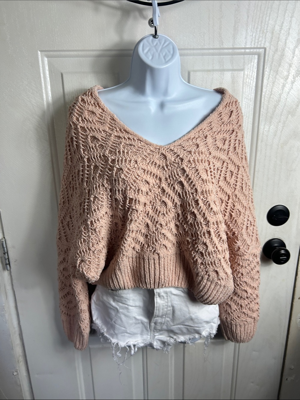 HYFVE Blush Pink Open-Knit V-Neck Sweater